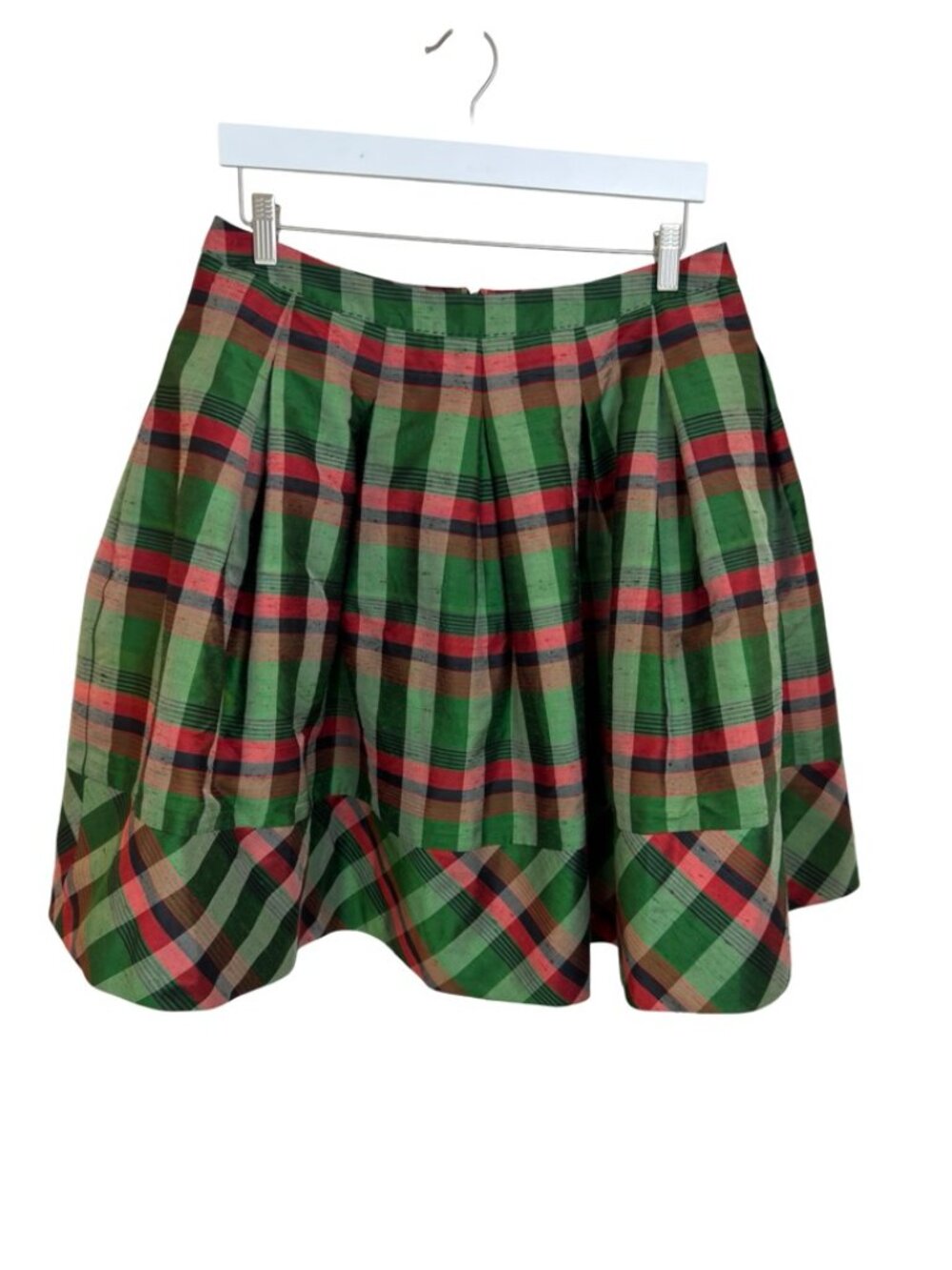 Plaid Green Red Black Knee Length Silk Taffeta Pleated Holiday Skirt Size Large